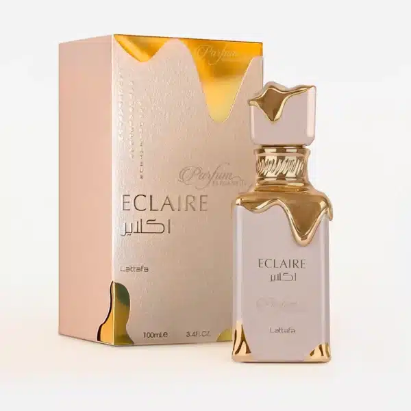 Parfum Élégant – Parfums Dubaï & Orientaux | Dupes Luxe à Prix Abordables en Boutique & en Ligne 5 Parfum Éclaire Lattafa 100 ml – flacon beige et doré avec packaging assorti